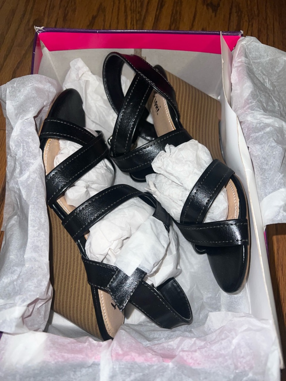 Fioni black strappy ankle-strap wedge sandals